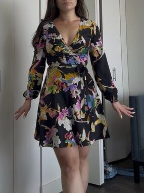 Silk Yumi Kim Black Floral Wrap Dress - Multi